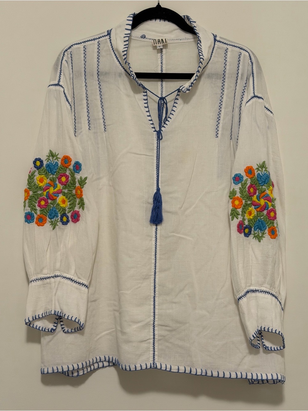 Sister Mary Large White Embroidered Floral Adela Long Sleeve Blouse Boho Peasant